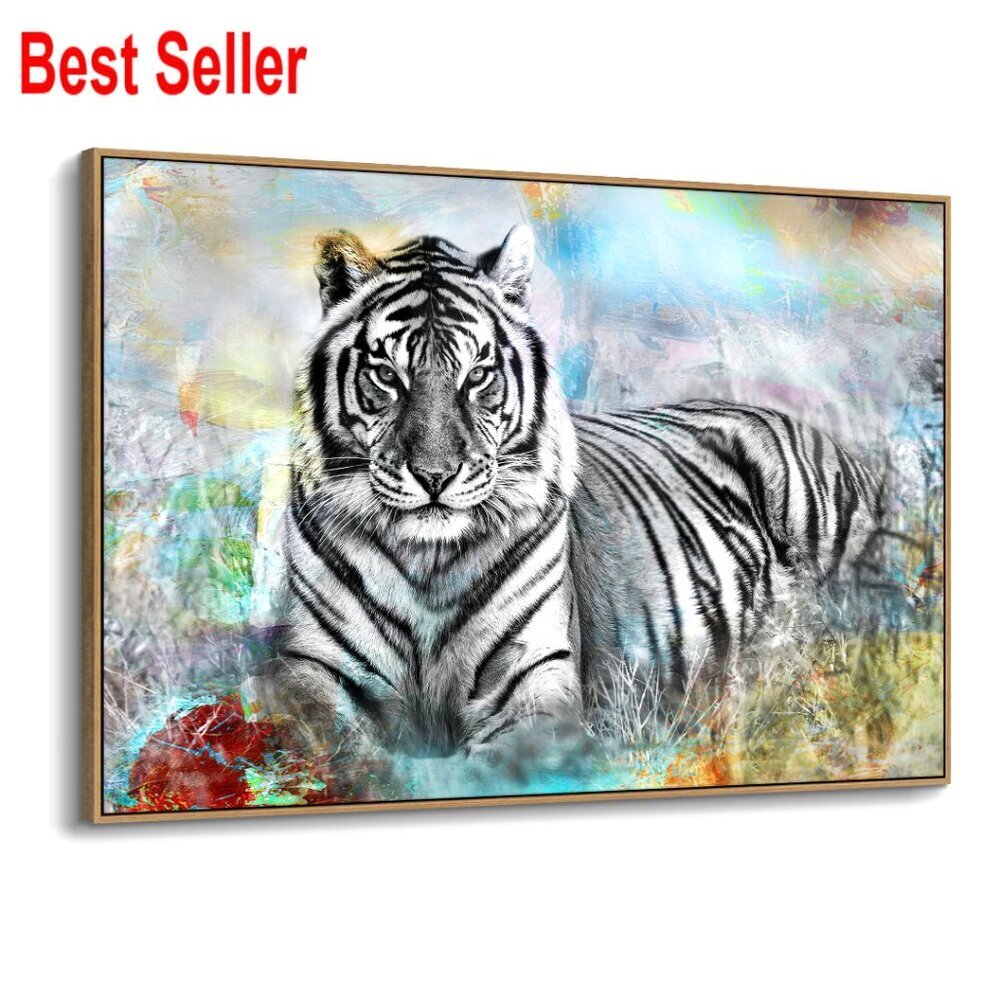 Large Framed Tiger Canvas Art 45x30 Modern Wildlife Portrait Wall Decor